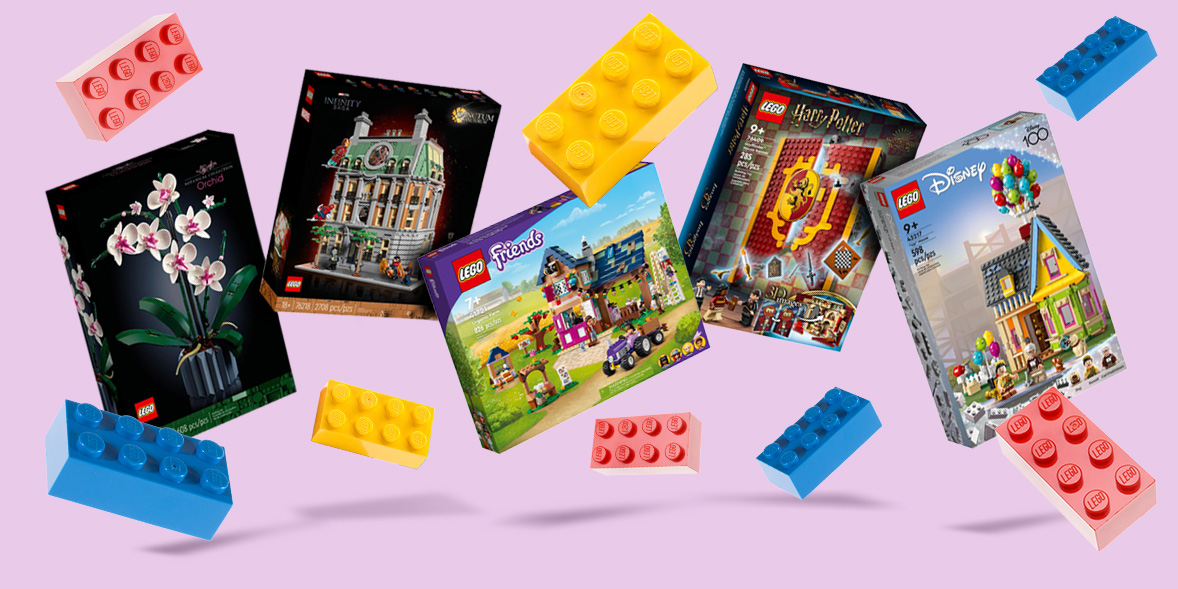 Five Lego sets and bricks on a purple background