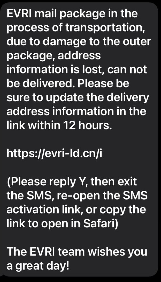 A scam text impersonating Evri