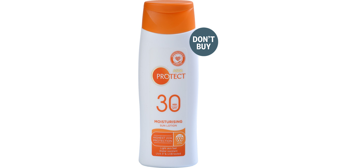 A bottle of sun cream from Asda that carries the grey 'Don't Buy' logo.