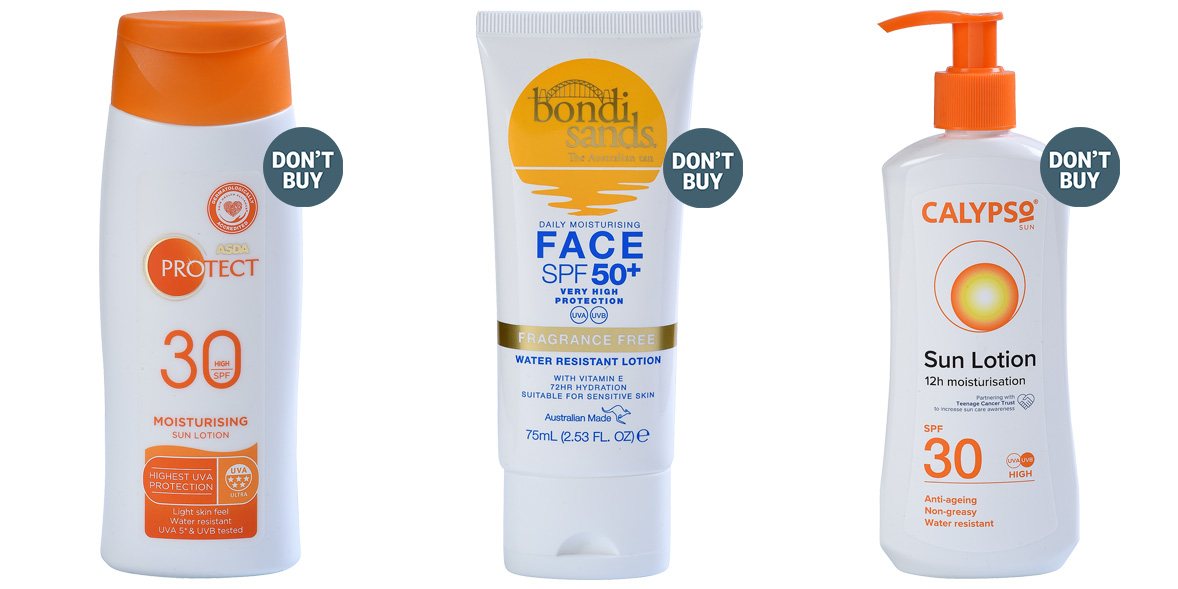 A selection of three sun creams from Asda, Bondi Sands and Calypso that each feature the 'Don't Buy' logo.