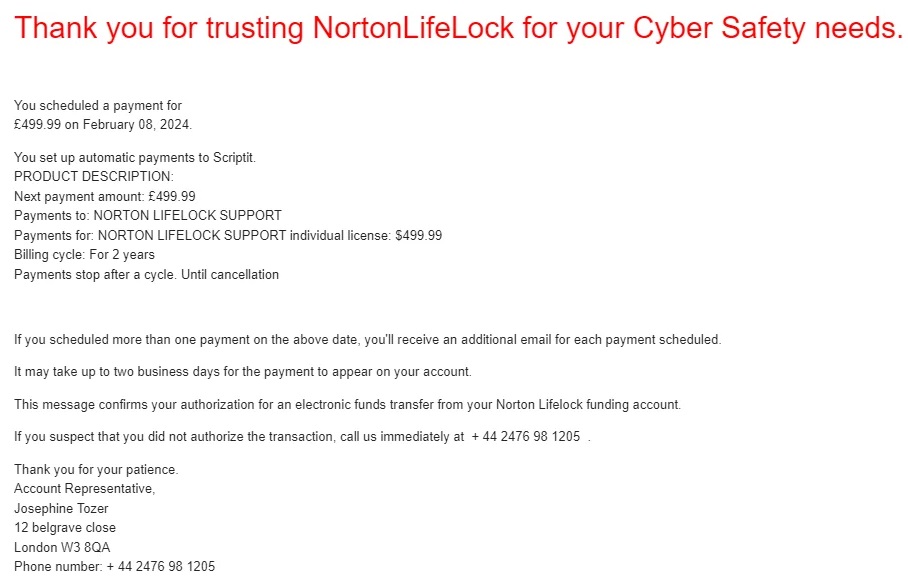 A scam email impersonating Norton