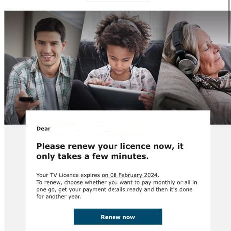 A scam email impersonating TV Licensing