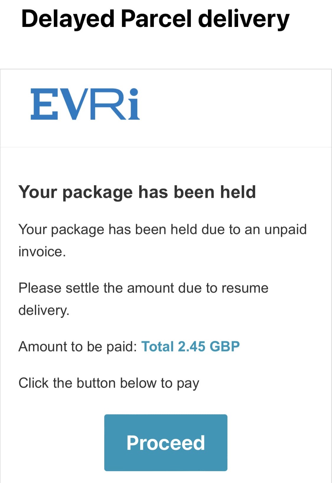 A scam email impersonating Evri