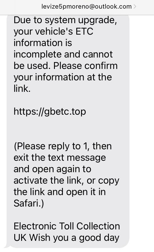 A scam text claiming to be from Electronic Toll Collection UK