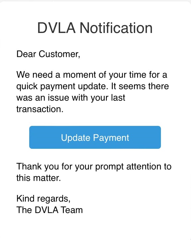 A scam email impersonating the DVLA