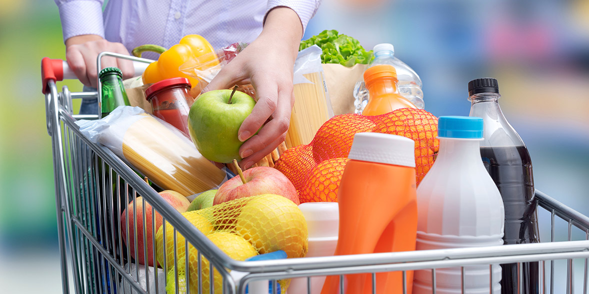 Shopping trolley with food and drink