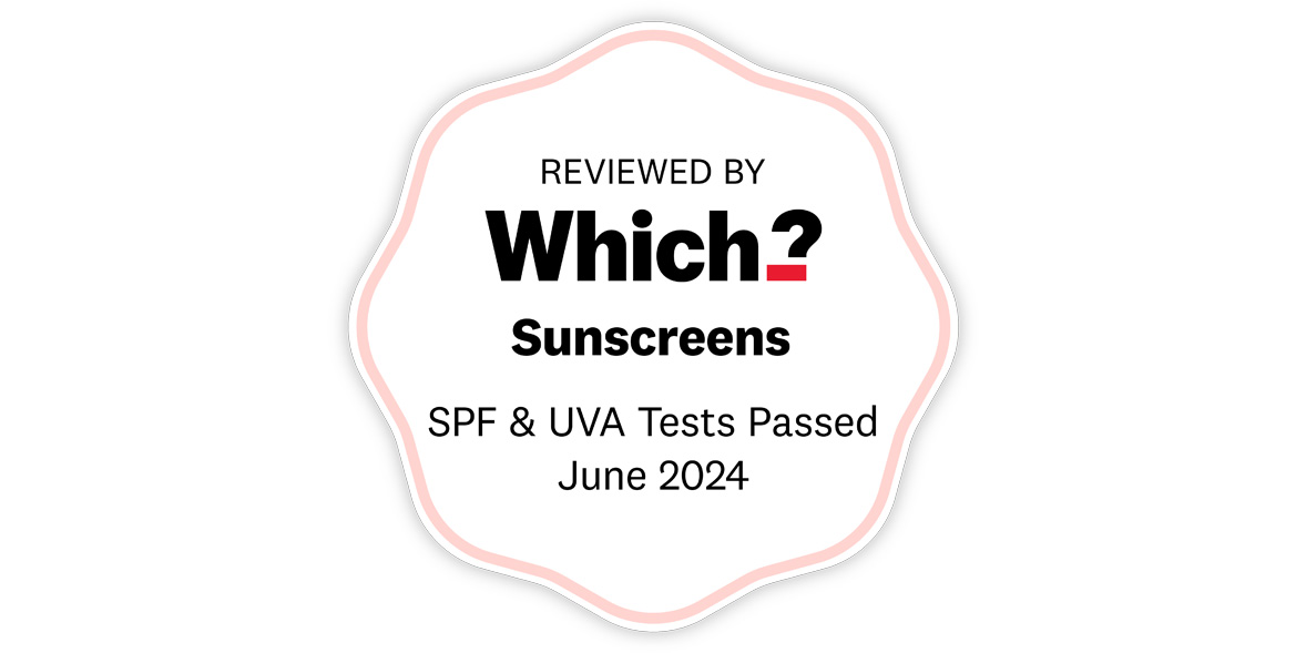 A logo showing the words, 'Reviewed by Which?, sunscreens, SPF and UVA Tests Passed June 2024'