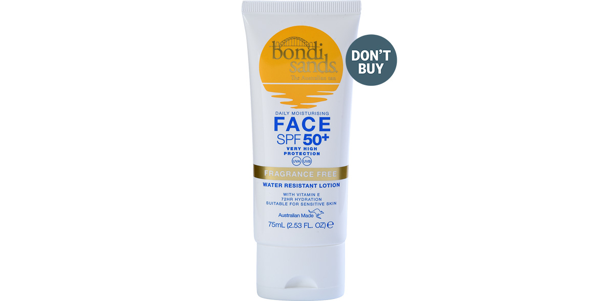 A bottle of sun cream from Bondi Sands that carries the grey 'Don't Buy' logo.
