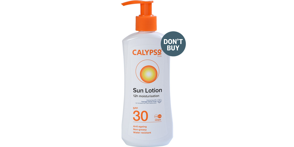 A bottle of sun cream from Calypso that carries the grey 'Don't Buy' logo.