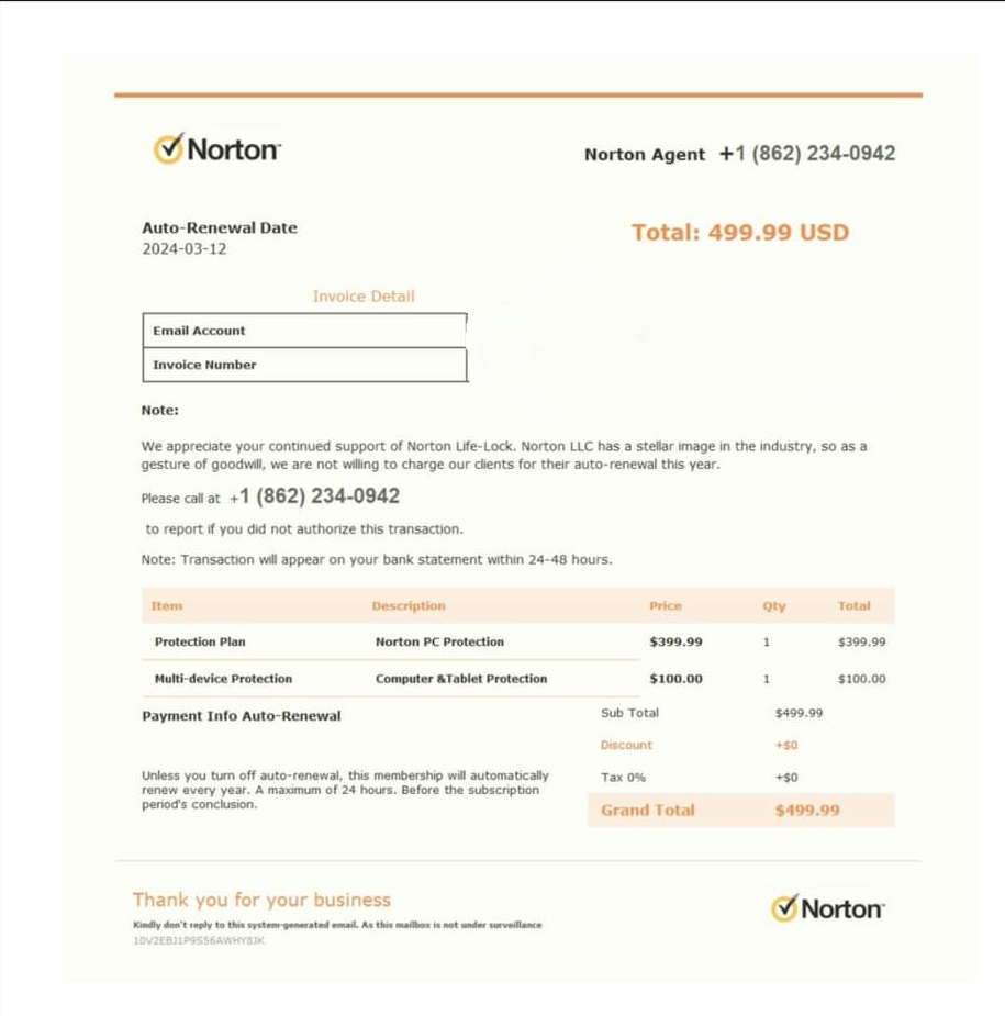 A scam email impersonating Norton