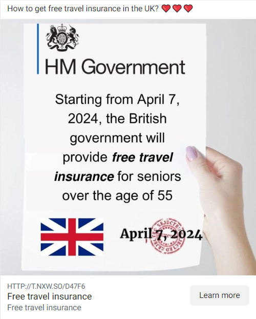 A scam ad on Instagram and Facebook promoting free travel insurance