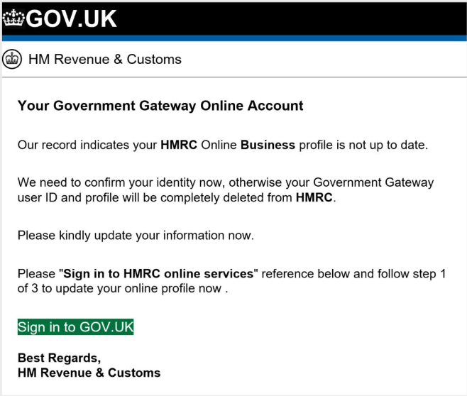 A scam email impersonating HMRC