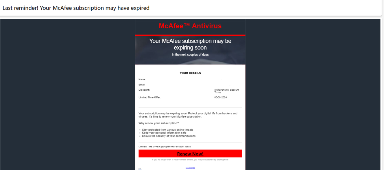 A scam email impersonating McAfee