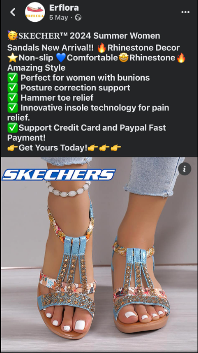 A scam advert claiming to advertise shoes from Skechers