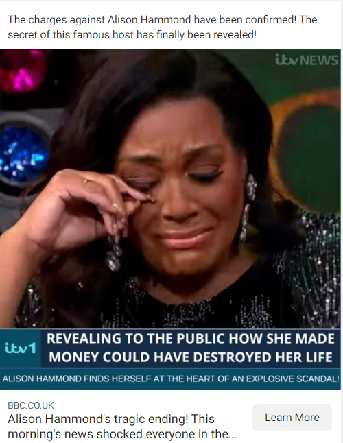A scam ad posted on Facebook and Instagram which uses Alice Hammond's image