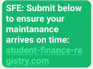 A scam text impersonating Student Finance England