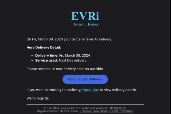 A scam email impersonating Evri