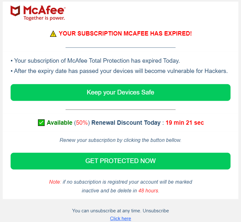 A scam email impersonating McAfee