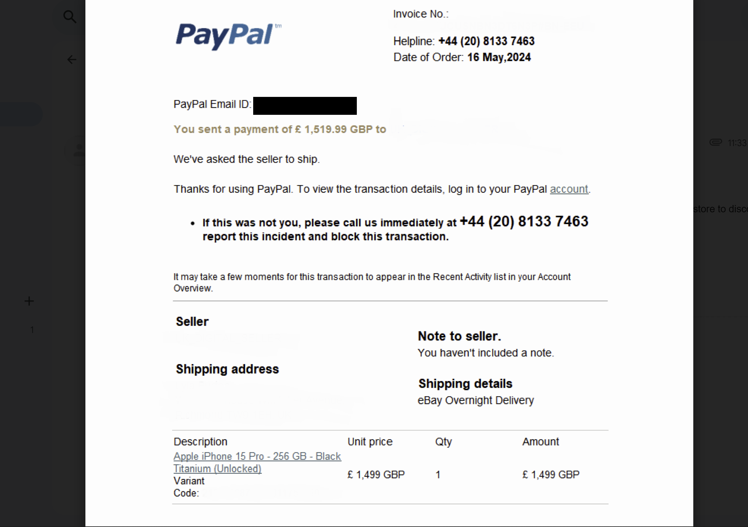 An email invoice from PayPal sent by a scammer