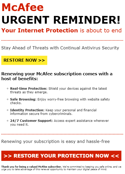 A scam email impersonating McAfee
