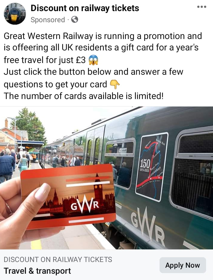 A scam ad promoting rail tickets on Facebook