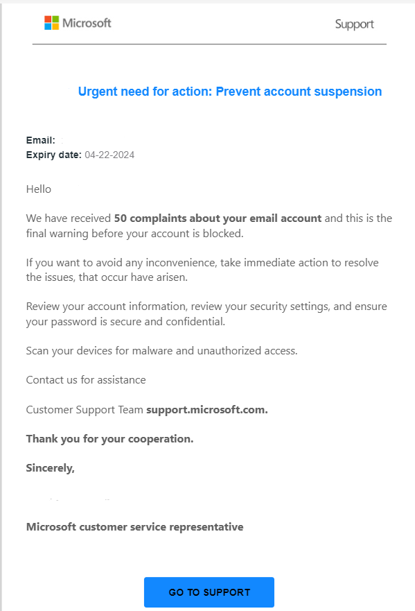 A scam email impersonating Microsoft