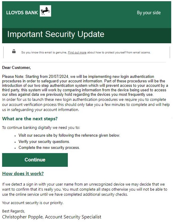 A scam email impersonating Lloyds Bank