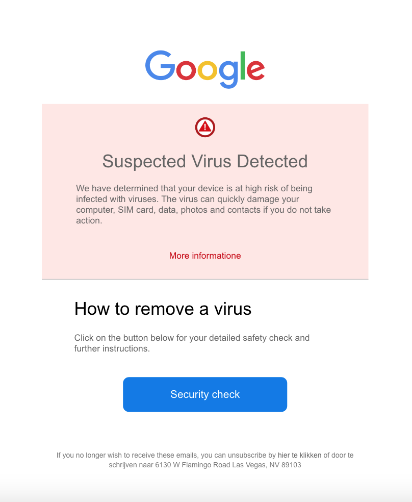 A scam email impersonating Google