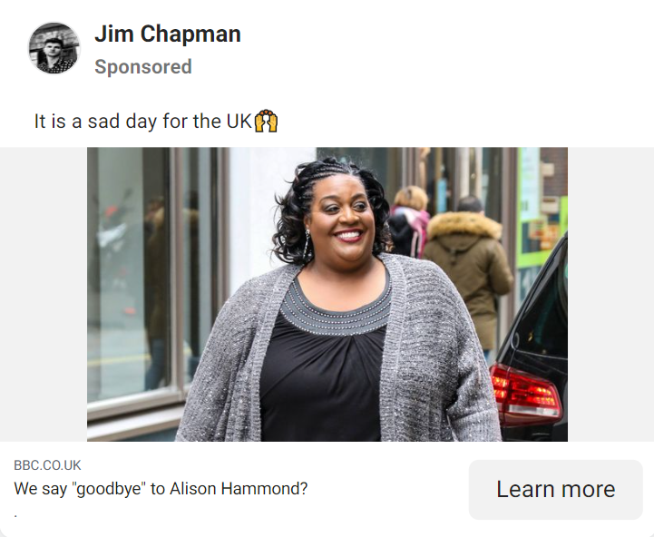 A scam ad posted on Facebook and Instagram which uses Alice Hammond's image