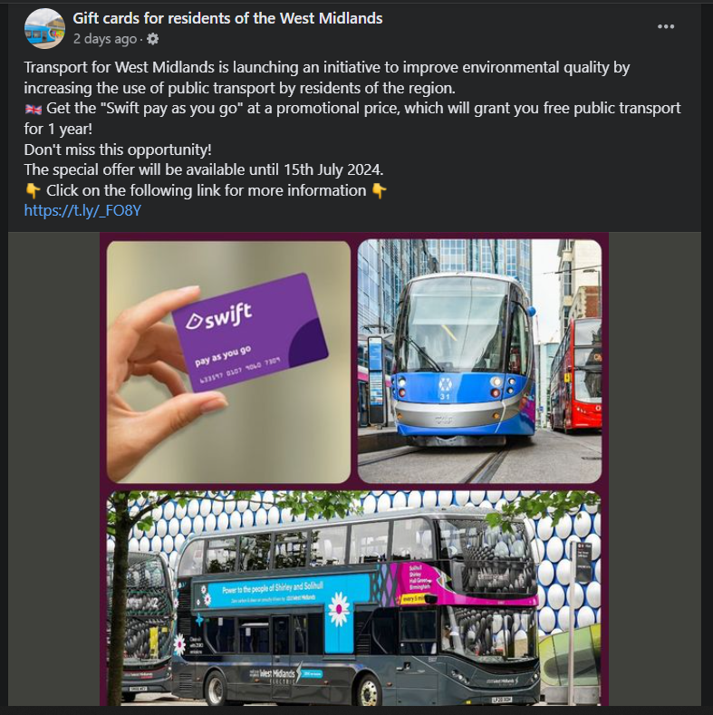 A scam post impersonating Transport for West Midlands