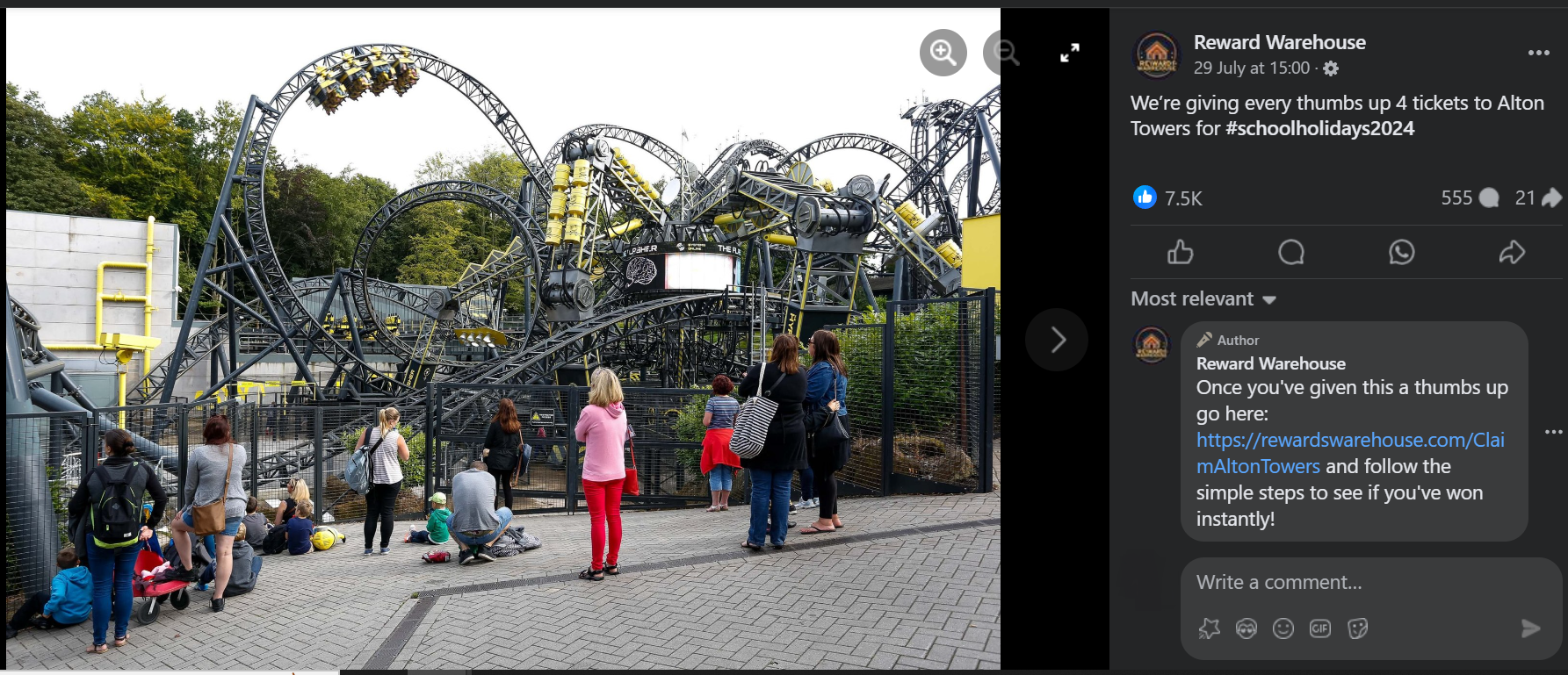 A page on Facebook claiming to offer tickets to Alton Towers