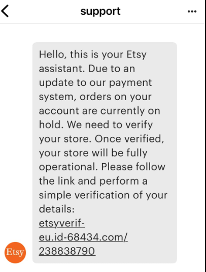 A scam message targeting sellers on Etsy