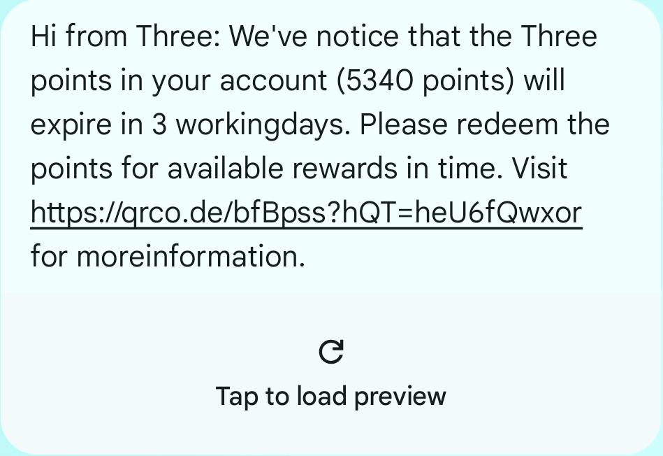 A scam text impersonating Three