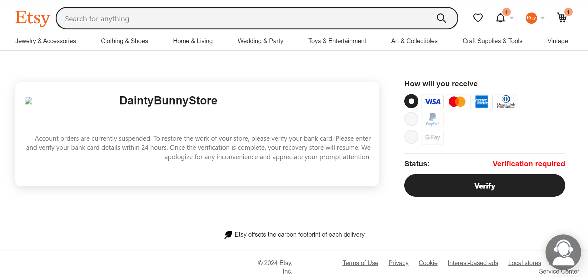 A scam website impersonating Etsy