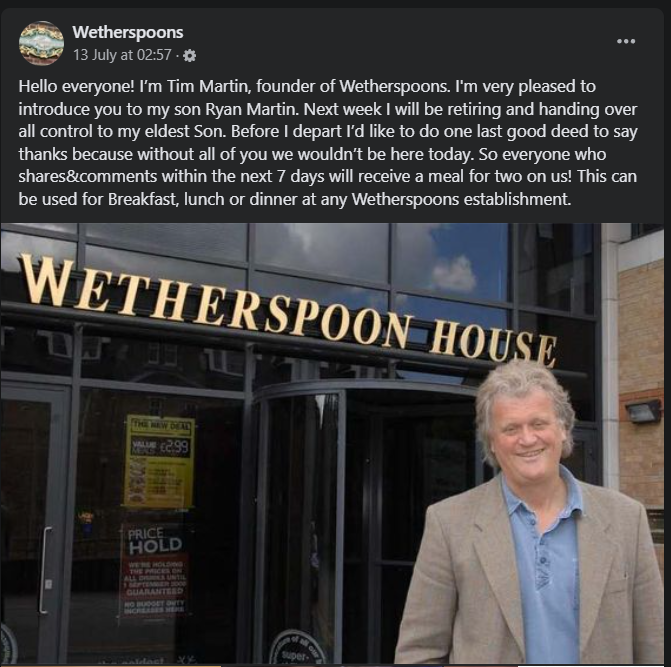 A scam post on Facebook impersonating Wetherspoons