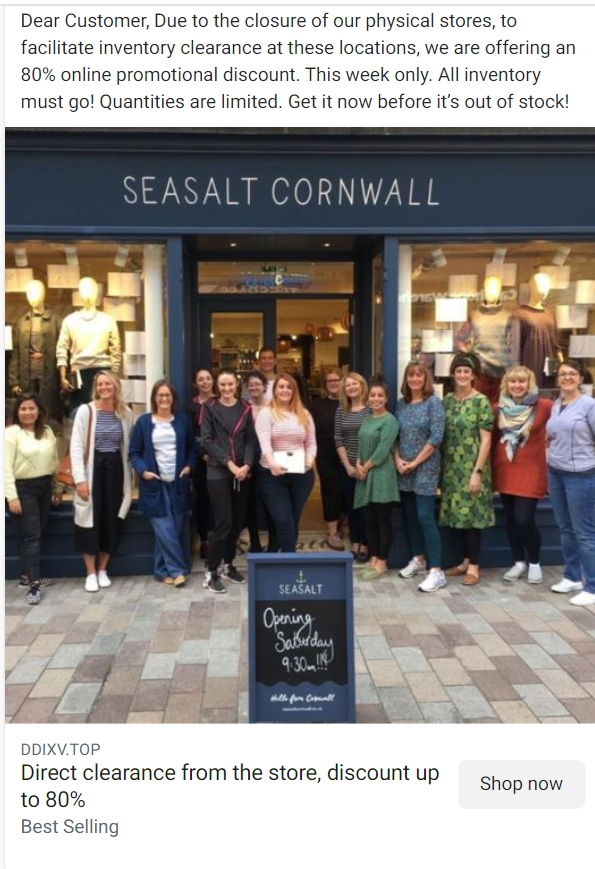 A scam advert impersonating Seasalt Cornwall