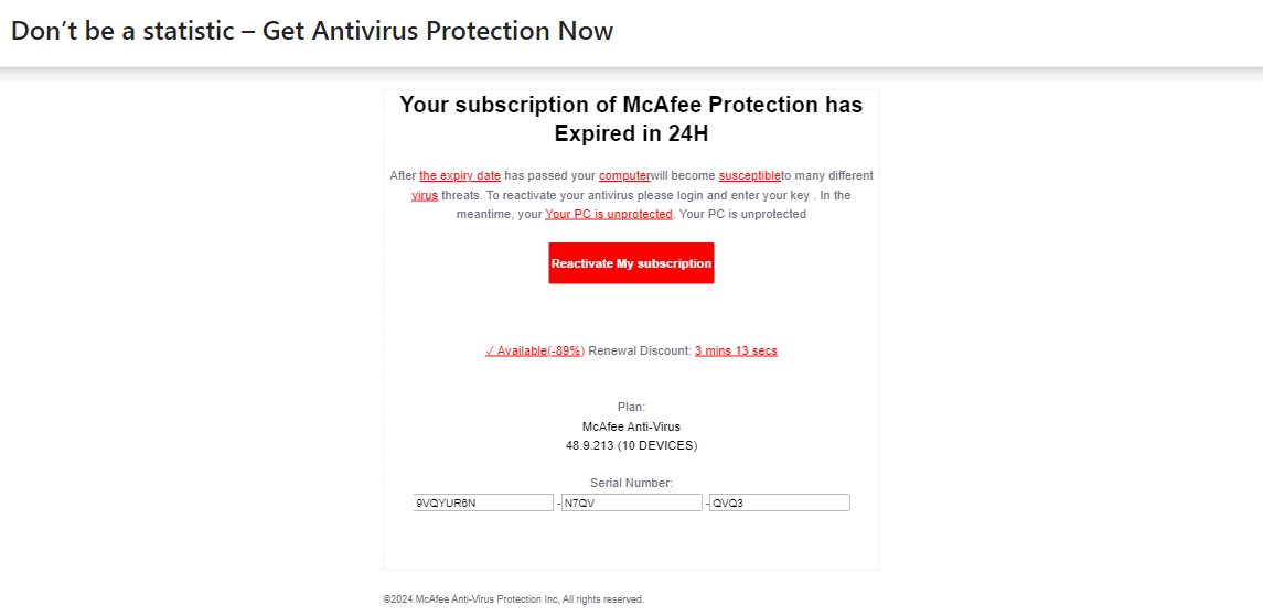 A scam email impersonating McAfee